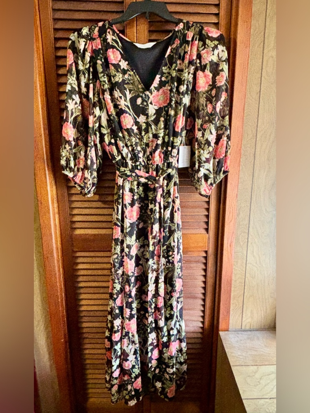 LC Lauren Conrad Black Floral Wrap Maxi Dress with Pink Blooms
